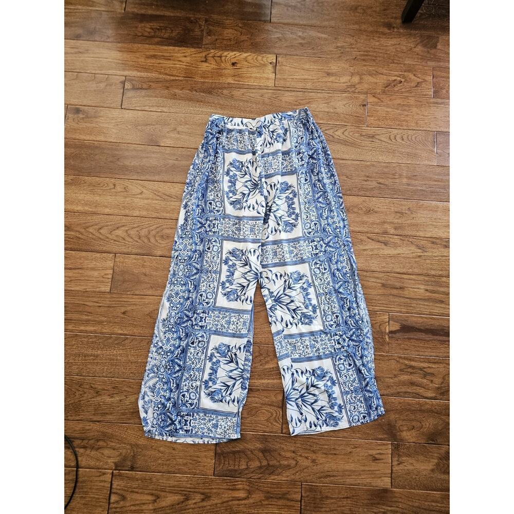 JAASE Wide Leg Pants Women’s Size L Long Side Slits Blue Floral Boho NWT Travel - Picture 2 of 11
